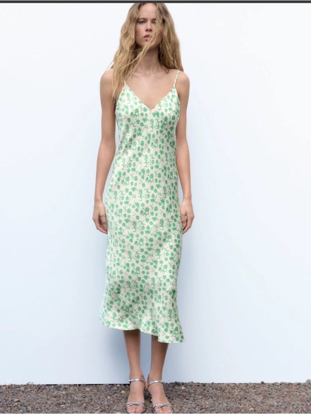 Zara LARA White Slip Dress with Green Floral Print - Picture 8 of 9